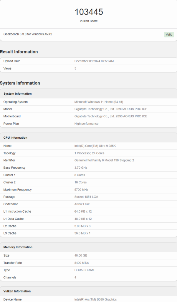 Intel Arc B580 Geekbench 6 Vulkan