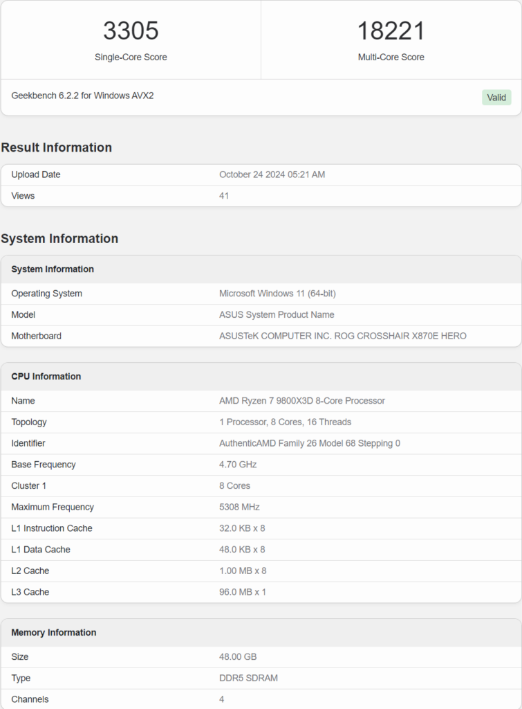 Ryzen 7 9800X3D Geekbench